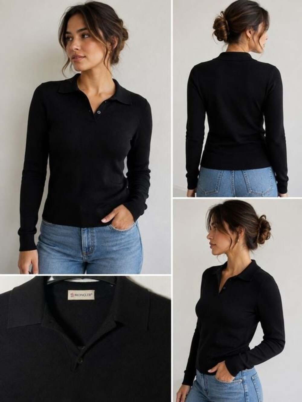 Moncler Women's Black Fine Knit Long Sleeve Polo Sweater Size L